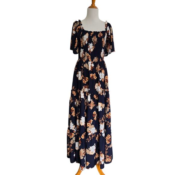 Baltic Born Floral Navy Maxi Dress Boho Smocked Square Neck Ruffle Women Large - Picture 2 of 13
